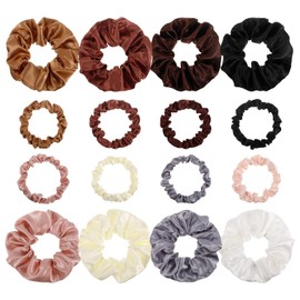 Fuguan 16 Pcs Satin Hair Scrunchies Pack Silk Hair Ties for Thin Hair Elastic Soft Chouchou pour Cheveux Thick Ponytail Holders Silk Scrunchies for Girls Ladies