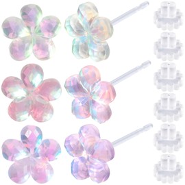 Joez Wonderful 3 Pairs Plastic Earrings, Cute Flower Earring Stud with Clear Rubber Backs, Earrings Hypoallergenic for Sensitive Ears Women (Pink, Purple, Yellow)