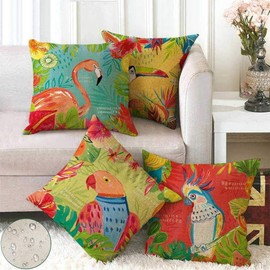 KUNQIAN Cushion Covers Outdoor Waterproof Tropical Flamingo Summer Throw Pillow Cover Set of 4 18x18 inch Home Decorative for Patio Furniture Bench Couch Decor 45X45cm