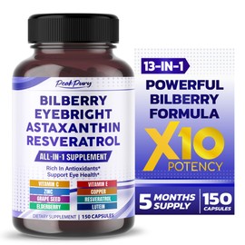 PEAKPURY All-in-1 Bilberry Eyebright Astaxanthin Elderberry Resveratrol Supplement - Rich in Antioxidants & Supports Eye Health - Made in The USA -150 Capsules