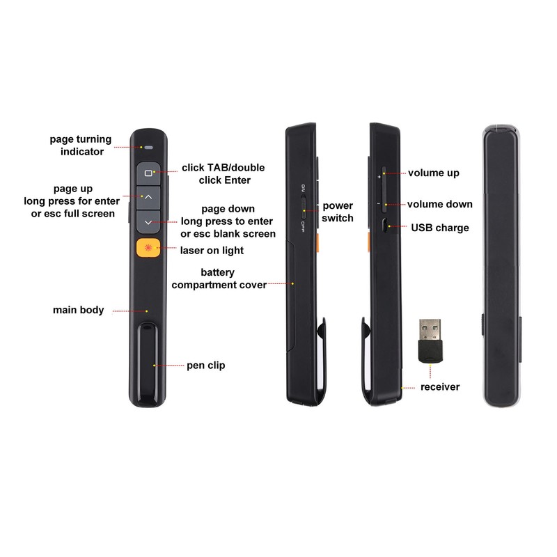 Laser Pointer Black USB Receiver Plug and Play Rechargeable Presentation