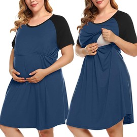 MONNURO Women's Plus Size Nursing Dress Short Sleeve Color Block Labor Delivery Maternity Nightgown Dress for Breastfeeding(Teal Blue,4X)