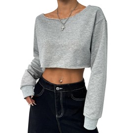 Remidoo Women's Off the Shoulder Cropped Sweatshirt Asymmetrical Neck Long Sleeve Crop Tops Gray Small