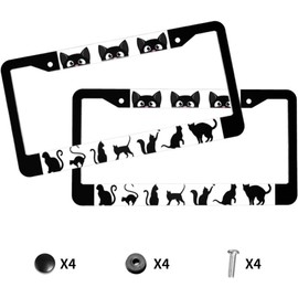 Cat License Plate Frame - 2 Pack Aluminum Metal License Plates Black Cat License Plate Holder Novelty Auto Car Tag Universal Car Accessories with 2 Holes