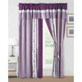 Chezmoi Collection Linnea 4-Piece Luxury Purple/Lavender/Gray Cherry Blossom Floral Embroidery Window Curtain Panel Set with Sheer Backing Valance Tassels, 120 inch x 84 inch