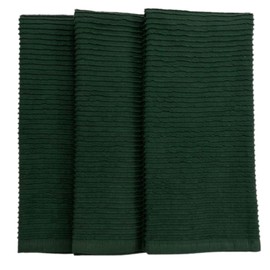 Dark Green Kitchen Hand Dish Towels: 100% Cotton Cloth Soft Cleaning Drying Absorbent Ribbed Terry Loop, Set of 3 Multipurpose for Everyday Use Oversized 18" x 28"