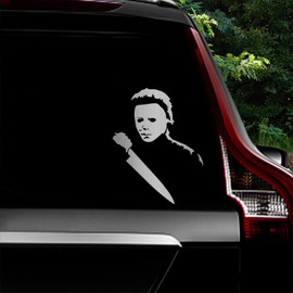 Leniutor 2pcs Masked Killer Myers with Knife Vinyl Decals, Waterproof Horror Classic Movie Car Sticker for Bumper Window Laptop 5.5 x 7.1in (Brushed Silver)