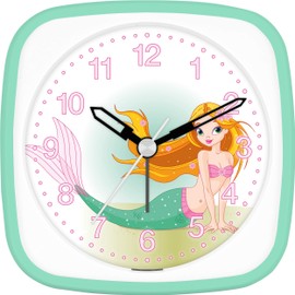 Eurotime Wecker für Mädchen mit Meerjungfrau, Mint Weiß, Kinderwecker, Kunststoffgehäuse und Kunststoffglas, geräuscharmer Wecker, kein Ticken, mit Licht und Weckwiederholung, 27034-04