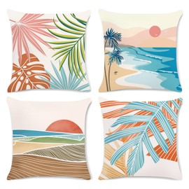 Bonhause Modern Tropical Pillow Covers 18x18 Inch Set of 4 Palm Leaves Decorative Pillows Case Soft Velvet Tropical Decoration for Patio Garden Bed Home Decor