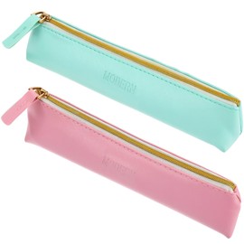 2 Pcs Portable Travel Cosmetic Bag Small Leather Makeup Pouch Slim Pencil Case Bag Waterproof Make Up Bag with Zipper Mini Cosmetic Accessory Organizer for Women Girls (Pink, Green)