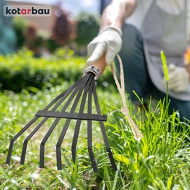 KOTARBAU® Hand Fan Rake 380 mm with Wooden Handle Small Broom with 7 Prongs Hand Rake Made of Metal Leaf Rake for Leaves Grass Mini Lawn Rake Garden Rake Small Brush Rake