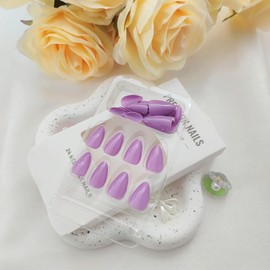 Almond Press on Nails Short Fake Nails Press ons Almond Glossy False Nails with Light Purple Solid Color Design Acrylic Nails Full Cover Glue on Nails Fall Winter Stick on Nails for Women 30 Pcs