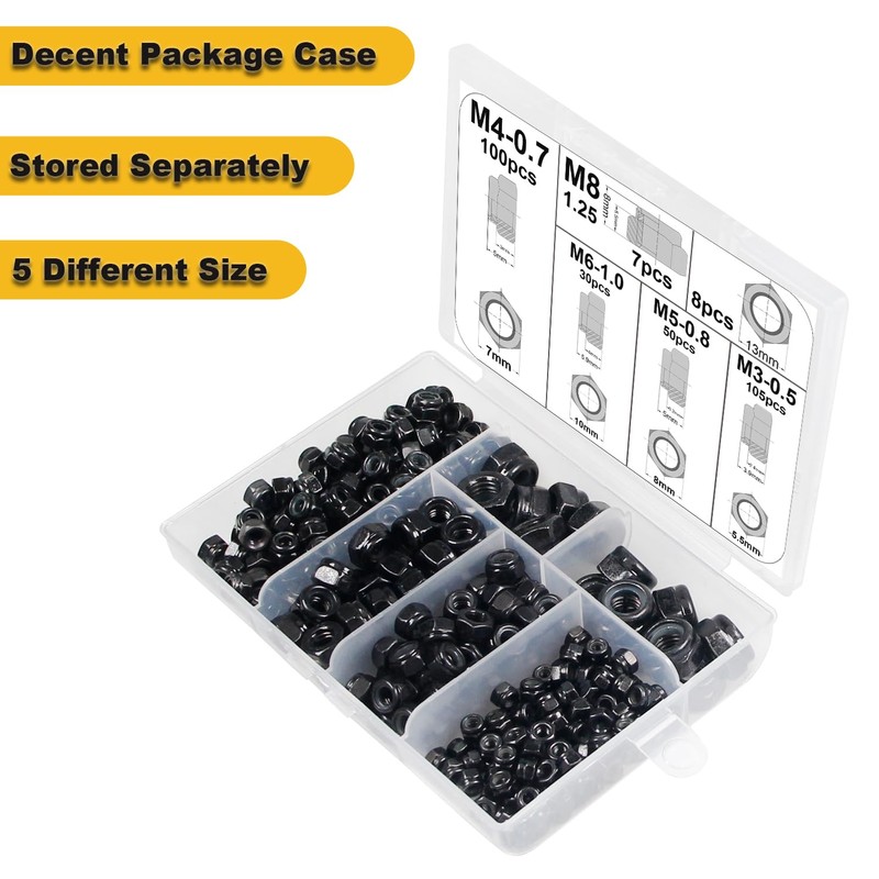 300pcs Locknuts Assortment Kit M3 M4 M5 M6 M8 Hex