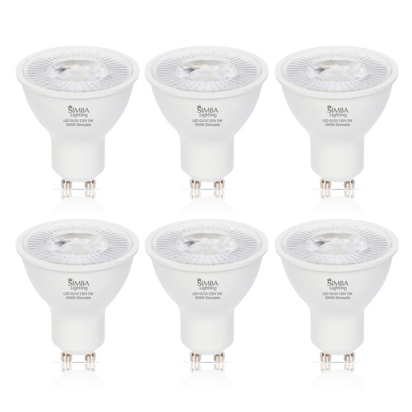 Simba Lighting LED GU10 5W Dimmable Spot Light Bulb (6 Pack) Halogen 50W Replacement MR16 Shape for Accent, Recessed, Track Lighting, 38° Beam Angle, 120V, Twist-N-Lock Bipin Base, 5000K Daylight