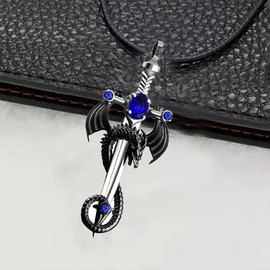 DGP Mens Sterling Silver Dragon Sword Pendant Necklace (Blue), Sterling Silver, Silver