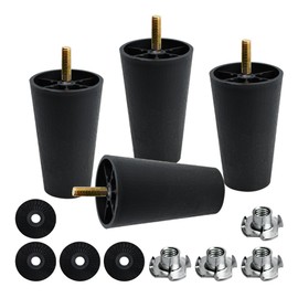 bociloy 4PCS 4 Inch Plastic Furniture Legs, Round Tapered M8 Thread Sofa Couch Chair Feet Leg Replacement with M8 Hanger Bolts and T-Nuts, Black