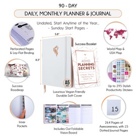 ADHD - A Self Care Personal Gratitude Journal to Increase Productivity and Success in Life & Work, Weekly & Monthly Undated Planner for Women and Men, Vision Board & Organizer + Stickers