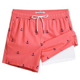 MaaMgic 5" Mens Swim Shorts with Compression Liner 4-Way Stretch Bathing Suit Swimming Shorts with Pockets,Pink Anchor,M