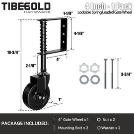 TIBEGOLD 4" Spring Loaded Gate Caster with Side Brake, Heavy Duty Gate Wheel for Outdoor Wooden Gate Fence, Gate Support Helper with 360° Swivel, Anti Sag Gate Kit, 220 Lbs Capacity, Black, 1 Pack