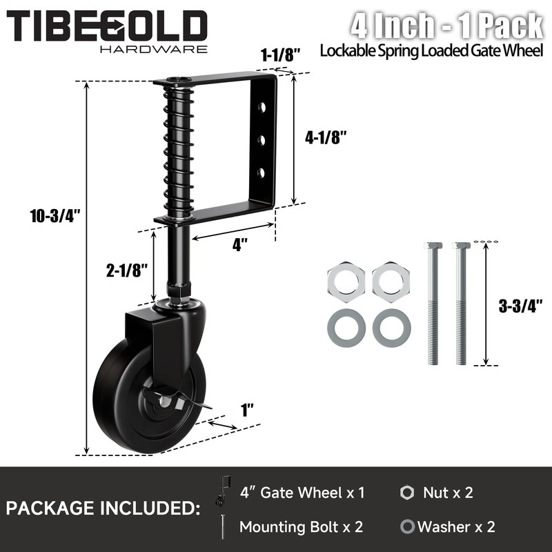 TIBEGOLD 4" Spring Loaded Gate Caster with Side Brake, Heavy