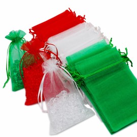 PMLAND 60-Piece Assorted Colors Organza Mesh Drawstring Bags (4x6 Inches) - Christmas Red Green White - Perfect for Jewelry Party Favors Gifts and More