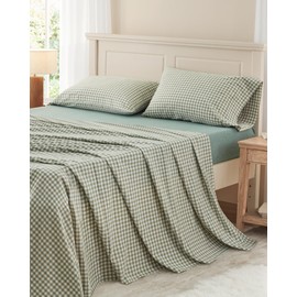PURE ERA Twin Sheet Set 100% Washed Cotton Gingham Bed Sheets Twin Size,4 Pieces Set, Soft,Breathable, Durable,Linen Feel - 15" Deep Pocket - Checked Green