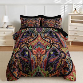 Nesker 7 Pcs Comforter Set King Size, Paisley Boho Plant Bedding Set for Kids and Adults, Bohemian Retro Floral Bed Sheet Sets with Fitted Sheet 2 Pillowcases & 2 Shams