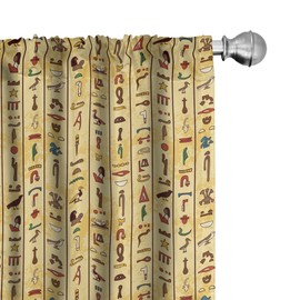 Ambesonne Egyptian Print Curtains, Colorful Hieroglyphics on Papyrus Old Paper Style Background Cairo Culture, Window Treatments 2 Panel Set for Living Room Bedroom, Pair of - 28" x 84", Beige