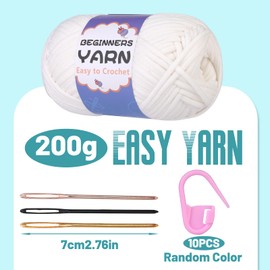 200g Yarn for Crocheting, Crochet Yarn, Easy Yarn for Beginners with Easy-to-See Stitches, Stitch Marker, Big Eye Blunt Needle, Beginner Yarn for Crocheting (White)