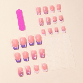 24Pcs French Tip Press on Nails Medium Square Valentines Day Fake Nails with Glue White Heart French Tip Design Acrylic Nails Supply Romantic Valentines False Nails Stick on Nails for Women Girls