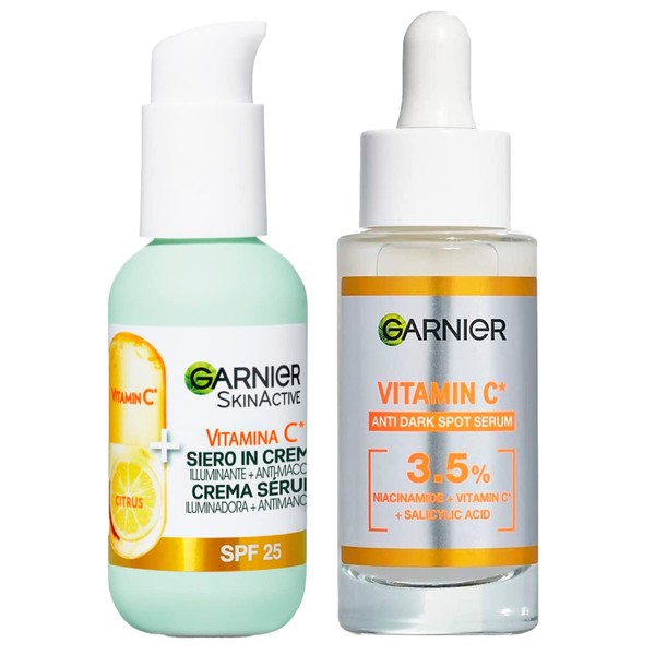 Garnier Facial Serum for Stains with Vitamin C and Salicylic Acid Brightening and Smoothing Effect 30ml + Face Serum in Brightening Cream Against Stains, SPF 25, 50ml - 2 Products