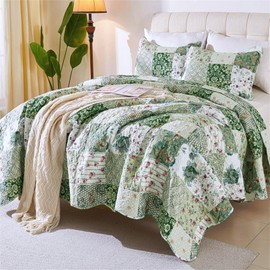 Cmfshape Romantic Patchwork Quilt Set King Size,Reversible Bedspread Coverlet 3-Piece,Floral Bed Cover Set with Pillow Shams,Lightweight Microfiber Bedding Set for All Season (Green,102x90)