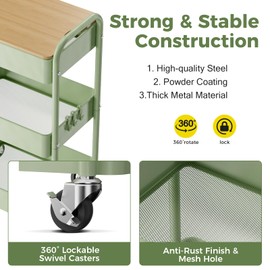 johgee 3 Tier Rolling Cart with Table top, Metal Rolling Utility Cart, Sturdy Storage Organizer Cart with Locking Wheels & Hooks for Office, Classroom, Kitchen and Bathroom