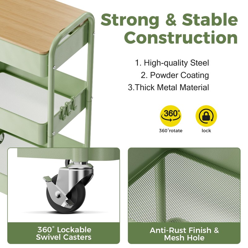 johgee 3 Tier Rolling Cart with Table top, Metal Rolling