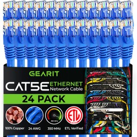 GearIT 24-Pack, Cat5e Ethernet Patch Cable 2 Feet - Snagless RJ45 Computer LAN Network Cord, Blue - Compatible with 24 48 Port Switch POE Rackmount 24port Gigabit