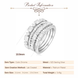 RYANEE 925 Sterling Silver Cubic Zirconia Wedding Bands for Women, 14k White Gold Plated CZ Eternity Rings, 4Pcs Stackable Simulated Diamond Rings for Anniversary, Engagement