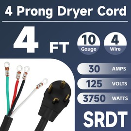 EP 4 Prong Dryer Cord, 4 ft 10/4 SRDT, 30Amp Appliance Extension Power Cord, NEMA 14-30, Black