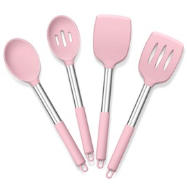 E-far Cooking Utensils Set of 4, Silicone Kitchen Utensils for Non-stick Cookware, Heat Resistant & Non-toxic Slotted Spatula Solid Spoon Turner for Flipping Mixing Serving Basting(Pink)