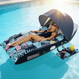 Pool Floats Lounger with UPF50+ Canopy Adjustable, Inflatable Large Floating Chair Ergonomic Design, with Cup Holders, Perfect for Swimming Pool, Beach, Lake, Party