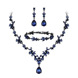 Clearine Wedding Jewellery Set for Women Bridal Y Necklace Tennis Bracelet and Earrings Dangle Set Crystal Teardrop Marquise Cluster Jewellery for Bridesmaid Sapphire Blue Black Tone, Crystal,