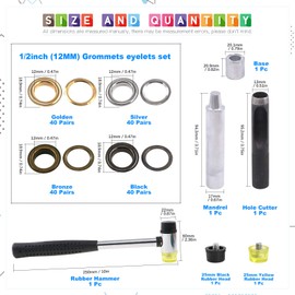 Glarks 164Pcs 1/2 Inch Grommets Eyelets with Tool Sets, 160Pcs 4 Colors Grommets Eyelets with 4Pcs Installation Tools for Fabric, Canvas, Curtain, Clothing, Leather Repair and Decoration