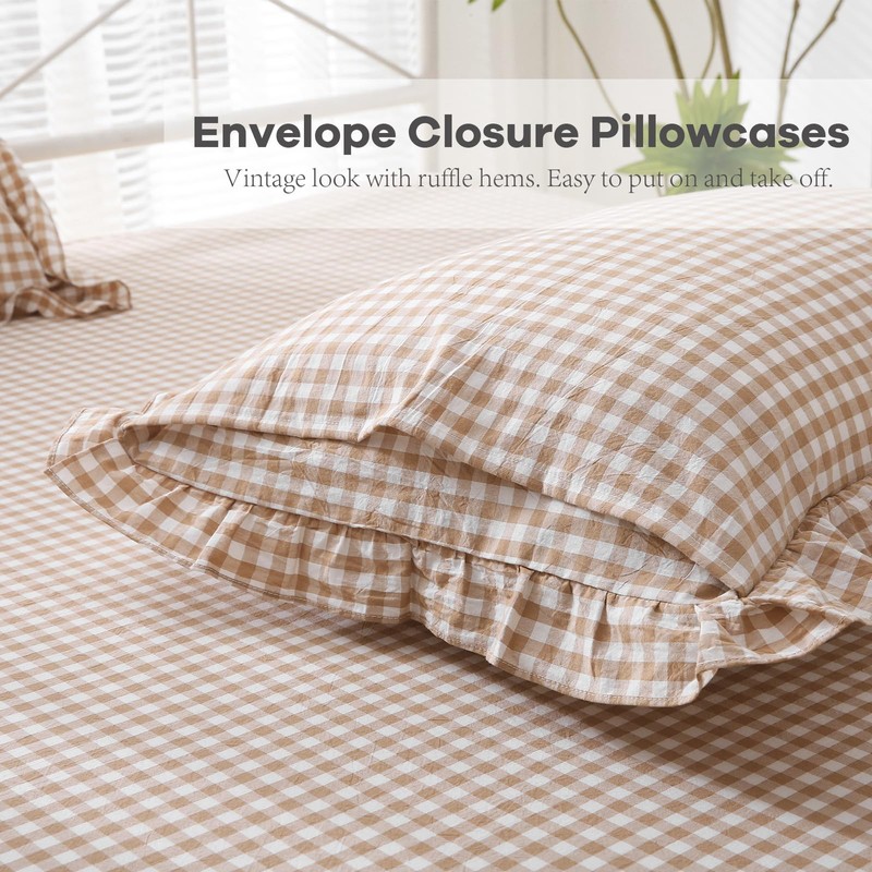 K MASANIJI Taupe White Plaid Ruffle Sheets Twin Size 4-Piece