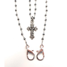 Cross Necklace and Face Mask Holder - Silver Pyrite Hydro Faceted Beaded Rosary Chain - Beautiful Silver Necklace and Face Mask Holder
