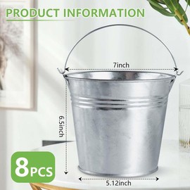 8 Pack Galvanized Metal Buckets with Handle Ice Pails for Plants, Succulents, Party Favors Organizing, Rustic Home Decor or Classrooms Pencil Storage (7 x 5.1 inch) - Size: 7 x 5.1 inch