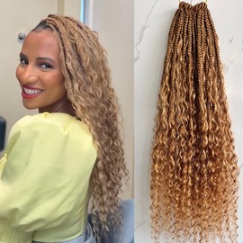 Honey Blonde #27 color Human Hair Crochet Boho Box Braids with Curls Pre Looped Curly Crochet Hair Synthetic Braids Goddess Box Braids for Black Women 24inch 2 Pack 80 Strands