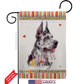 Harlequin Great Dane Happiness Garden Flag Set with Stand Animals Dog Puppy Spoiled Paw Canine Fur Pet Nature Farm Animal Creature Small Gift Yard House Banner Double-Sided Made In USA 13 X 18.5