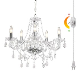 HOXIYA Dimmable Plug-in 5 Light Crystal Chandelier with Cord Glass, Chrome Candle Style Hanging Swag Lighting, K9 Crystals Beads Modern Pendant Light Fixtures Ceiling for Dining Living Room Bedroom