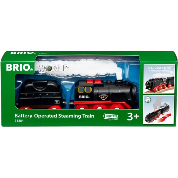 Brio World 33884 Battery-Operated Steaming Train | Toy Train with Light and Steam Effects for Kids Age 3 and Up, Black