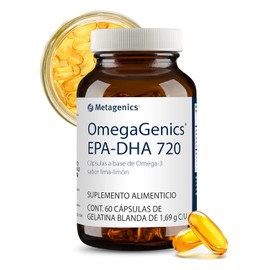 Metagenics OmegaGenics - EPA-DHA 720 - Fuente Pura De Omega-3 - 60 Cápsulas de 1.6g c/u - Aceite De Pescado Concentrado - Suplemento Alimenticio con 860 mg EPA Y 580 mg DHA Por Cápsula - Sin Gluten Ni GMO