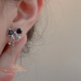 Inateannal Vintage Crystal Bow Earrings Black Onyx Stud Earrings Silver Tiny Cross Drop Earrings Sparkly Cz Rhinestone Bow Earrings Jewelry for Women and Girls